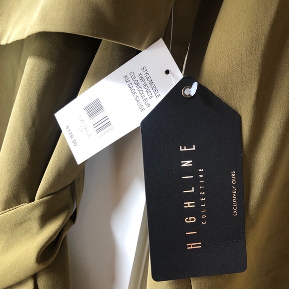 NWT Highline Belted Trench Midi Coat Sage Green pink piping Belted Long Sleeves - Picture 6 of 6